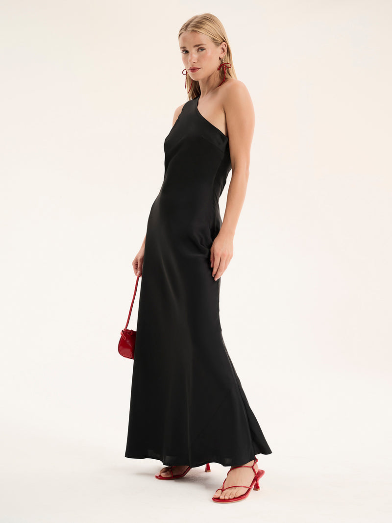 one shouldered maxi dress in black